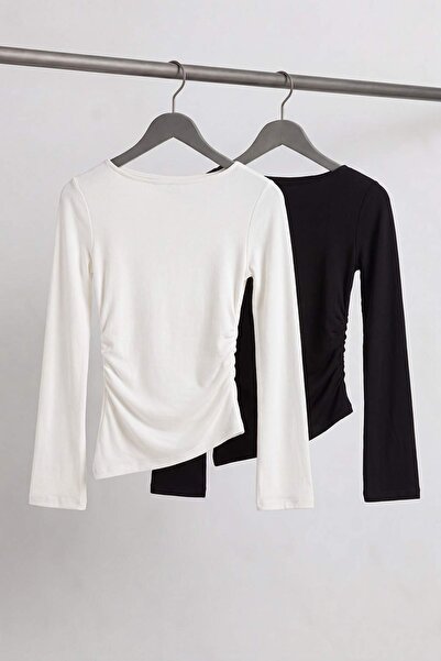 Trendyol Collection Black-Ecru Plain Fitted Boat Neck Standard Sleeve Long Re...