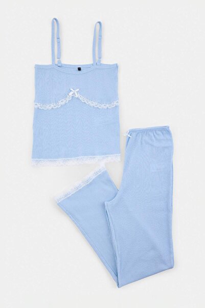 Trendyol Collection Light Blue Lace Detailed Pointel/Ribbed Knitted Pajama Se...