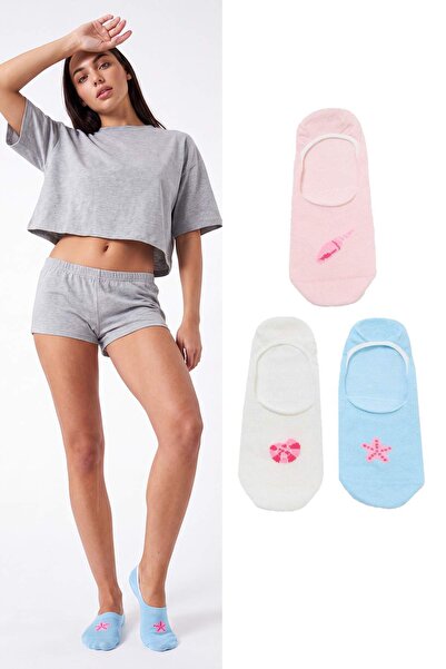 Trendyol Kollektion Ecru-blaue 3-teilige Baumwoll-Muschel-Ballerina-Socken TH...