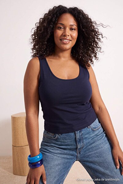 Trendyol Curve Navy Blue Brushed Soft Fabric Knitted Large Size Sports Top/Bl...