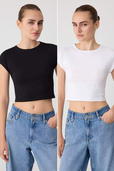 Trendyol Collection Black-White Plain Regular Crew Neck Moon Sleeve Short 100...