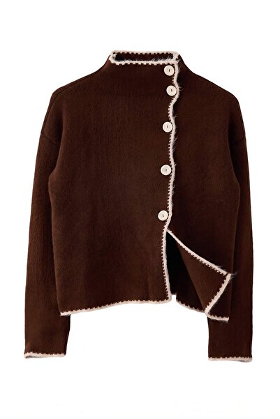 Trendyol Collection Cardigan tricotat cu guler înalt maro, color block TWOAW2...