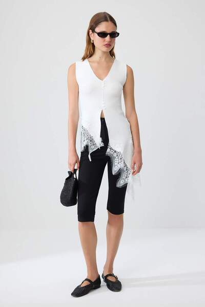 Trendyol Collection Ecru V-Neck Lace Detailed Thin Summer Knitwear Blouse Two...