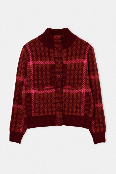 Trendyol Collection Fuchsia Thick Soft Plaid High-Neck Knitwear Cardigan Twoa...