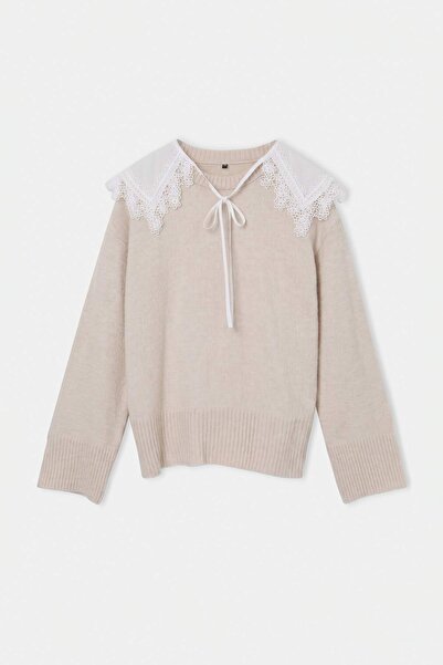 Trendyol Collection Stone Lace Collar Soft Textured Knitwear Sweater Twoaw27K...