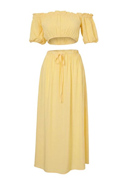 Trendyol Collection Beachwear Yellow Woven Midi High Waist Blouse-Skirt Set T...