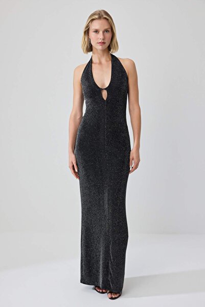 Trendyol Collection Black Halter Neck Shift/Straight Cut Maxi Knitted Evening...