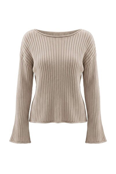 Trendyol Collection Wardrobe Essentials Stone Boat Neck Ribbed Loose Fit Knit...