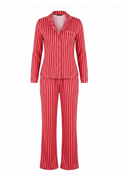 Trendyol Collection طقم بيجامة محبوك من القطن بنسبة 100% باللونين الأحمر الدا...