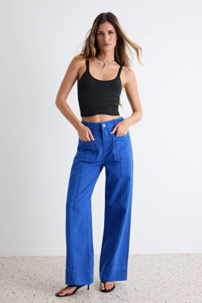 Trendyol Collection بنطلون جينز ساكس بتفاصيل جيوب وخصر مرتفع 100% قطن واسع ال...