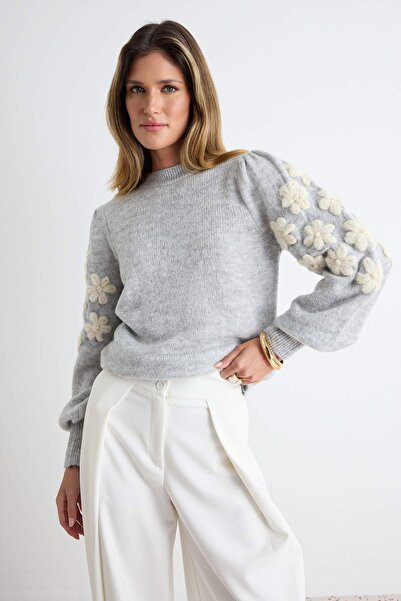 Trendyol Collection Gray Crew Neck Embroidery/Embroidery Detailed Knitwear Sw...