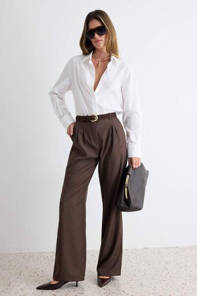 Trendyol Collection Light Brown Wide Leg Palazzo Pleated Woven Fabric Trouser...