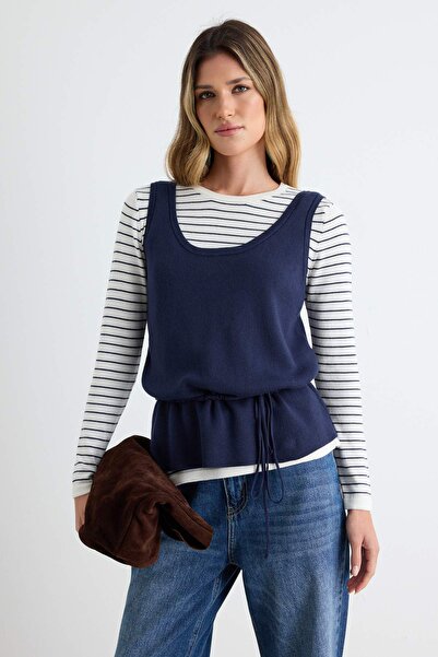 Trendyol Collection Navy Blue Crew Neck Fitted Soft 2-Piece Blouse-Top Knitwe...