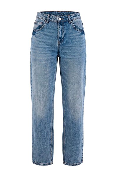 Trendyol Collection Wardrobe Essentials Blue 100% Cotton High Waist Straight ...