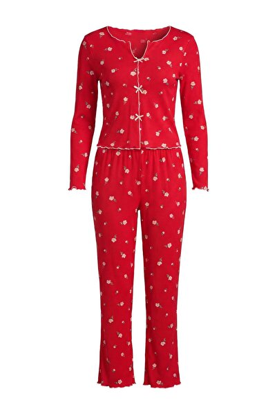 Trendyol Collection Set de pijamale tricotate cu puncte, roșu, 100% bumbac, c...
