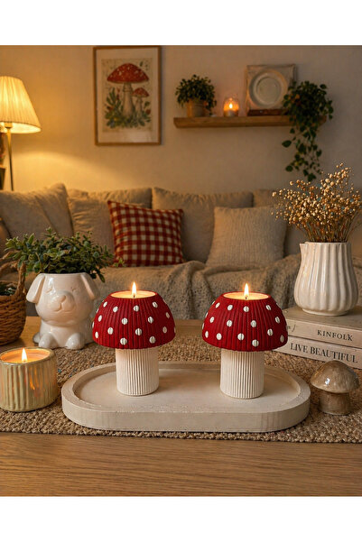 BUBUHOMEDECOR Tabaklı Kırmızı Mantar Dekoratif Mumluk Set 2 Li