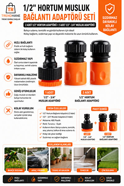 Trendhane 1/2" Hortum Musluk Bağlantı Adaptörü (2 Adet) + 1/2 - 3/4" Musluk A...