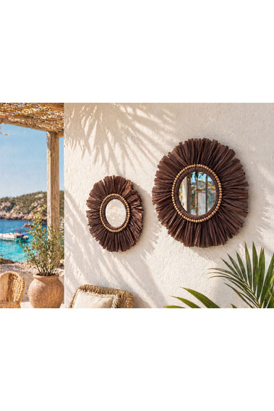 Home Bohem Handmade 2'li Set Ahşap Boncuklu Aynalı Doğal Kahverengi Rafya Duv...