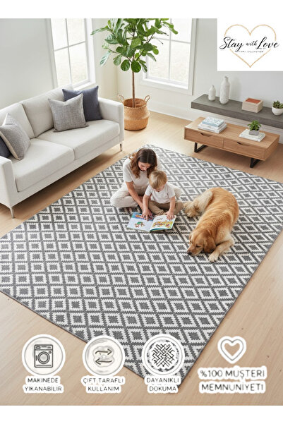 stay with love Saçaksız Kilim Gri Beyaz Çift Taraflı Dokuma Kilim 1. Kalite P...