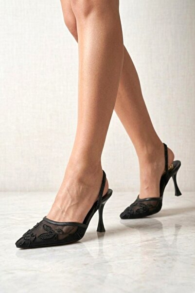 Fox Shoes Y752176315 Siyah File Boncuk İşlemeli İnce Topuklu Kadın Ayakkabı