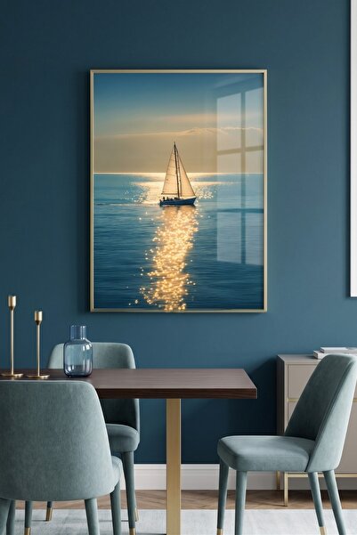 sayetablo Ship On Sea - Gold Metal Alüminyum Çerçeveli Lüks Dekoratif Minimal...