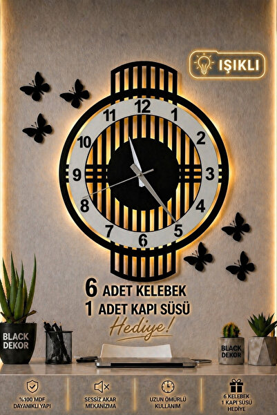 Blackdekor Modern Tek Çizgili Beyaz LED Duvar Saati 40 Cm Dekoratif Büyük Boy...