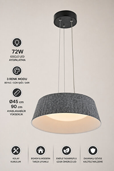 Elvora Home Modern (PREMİUM) Gri Kumaş 3 Renkli LEDli Sarkıt Avizesi Salon Mu...