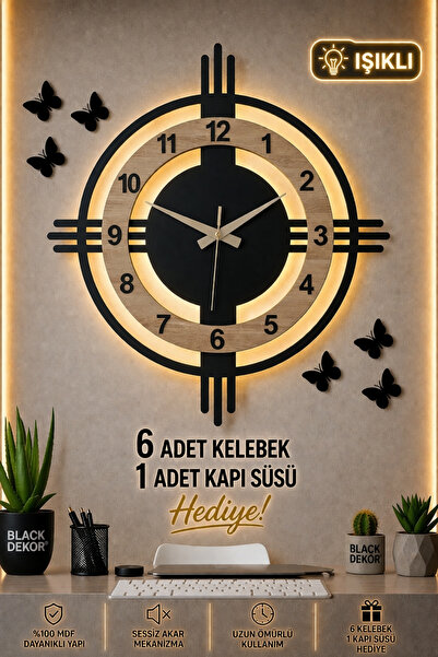 Blackdekor Sonoma Renkli Modern Ahşap Işıklı Duvar Saati | Dekoratif Duvar Sa...