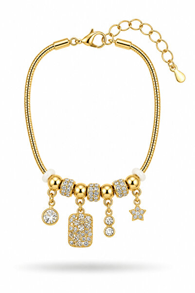 Clariss Brass Gold Color Flower Detailed Charm Women's Bracelet
