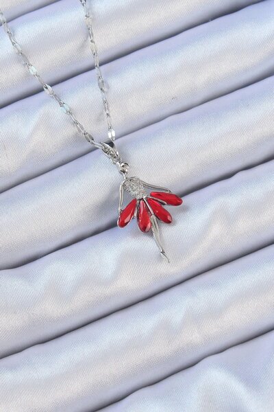 Skygo 316L Steel Chain Silver Color Red Skirted Zircon Stone Ballerina Neckla...