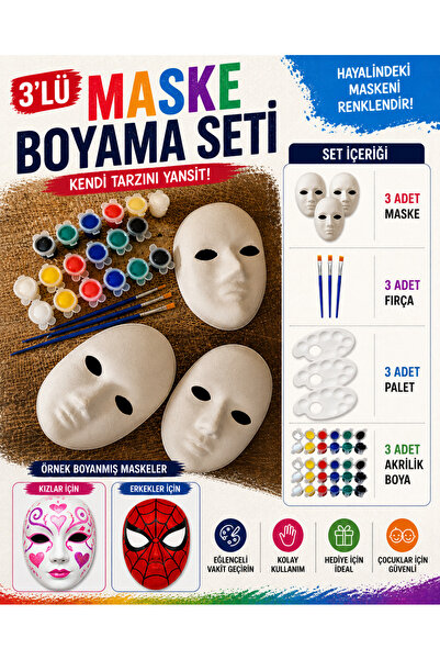 O&S Oyun ve Sanat Eğlen-Üret 3 Adet Karton Maske Boyama Faaliyeti, Resim Başl...