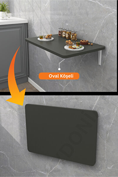 Kydonia Home 45x72 Cm Oval Köşeli Duvara Monte Katlanır Masa Antrasit Gri Kır...