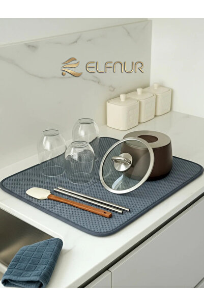 elfnur Gri Renk Mikrofiber Bulaşık Kurulama Matı Kurutma Örtüsü Tezgah Üstü S...
