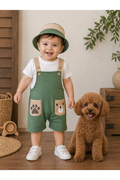 Bolly Baby Salopet Aycık Pati Baskılı Safari Şapkalı Omuzdan Çıtçıtlı Badi Ya...