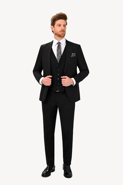 Ysf Erkek Siyah Sivri Yaka Yelekli Slim Fit Takım Elbise
