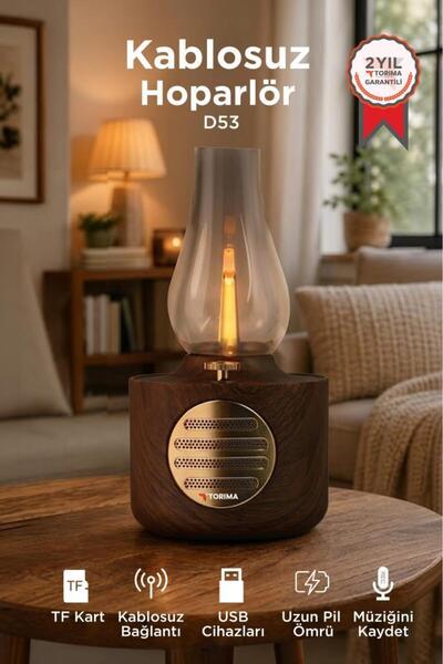 Torima Bluetooth Hoparlör Vintage Gaz Lambası Işıklı Şarjlı Speaker D53 Ahşap
