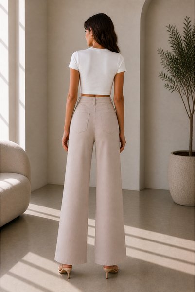 ZÉRIA High Waist Front Pocketless Beige Denim Palazzo Jean Trousers – Wide Leg Comfortable Fit Women's Trousers with Pleated Detail