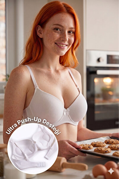 Lavint Homewear Ekru Ultra Push-Up Çizgili Destekli Balenli Slikonlu Sütyen