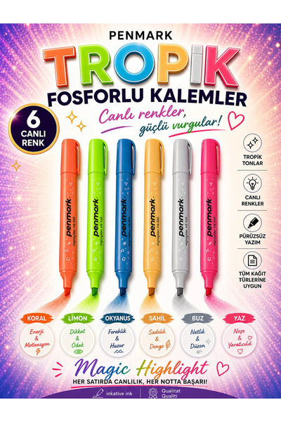 ANI OFİS KIRTASİYE A K 6’lı Fosforlu Kalem Seti – Pastel & Tropik Renkler | C...