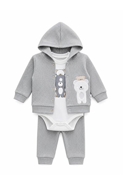 Lika&Nika Ayıcık Baskılı %100 Pamuklu Kapşonlu Hırka Body ve Pantolon 3'lü Takım