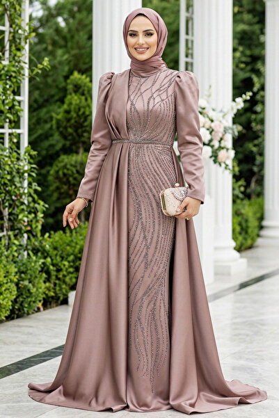 Neva Style فستان سهرة من الساتان النحاسي بذيل طويل 23221BKR