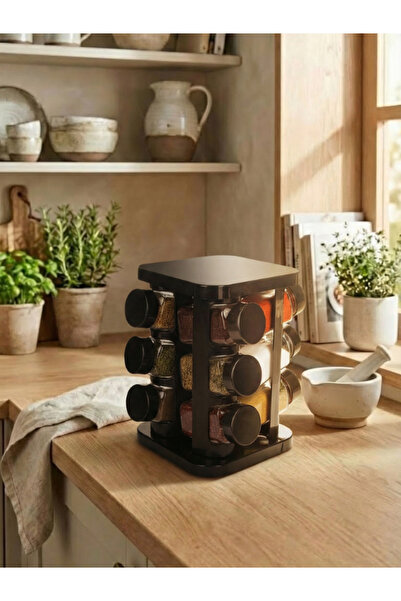 leelaHOME طقم 12 وعاء توابل مربع الشكل مع حامل دوار 140 مل - أنثراسيت