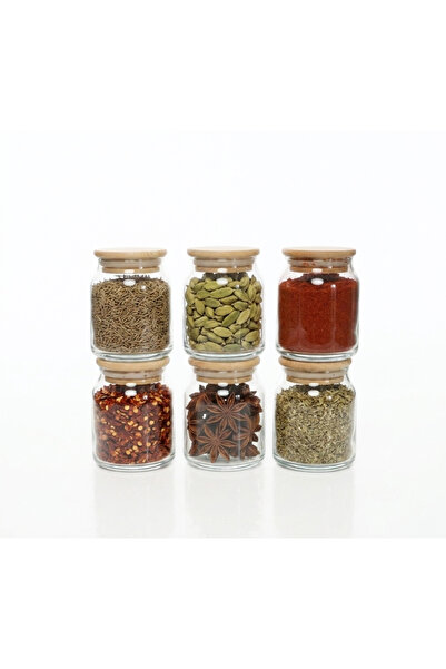 ÖZ HOME 6-Piece Vacuum Bamboo Lid Glass Spice Jar 300 ml