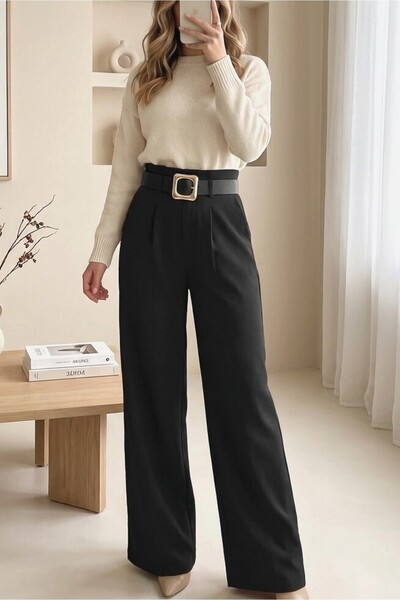 Modamorfo Buckle Belted, Folded Waist, Wide Leg Modal Crepe Trousers - Black