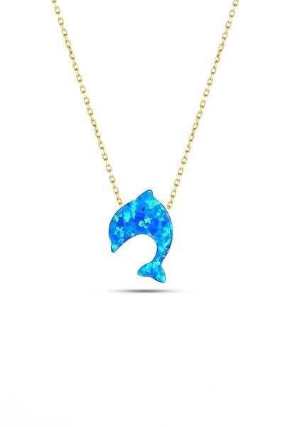 MOOM MÜCEVHERAT 14 Ayar Altın Mavi Sedef Opal Taşlı Yunus Kolye 45 Cm