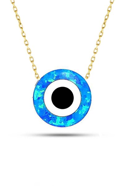 MOOM MÜCEVHERAT 14 Ayar Altın Mavi Sedef Opal Taşlı Nazar Göz Kolye 45 Cm