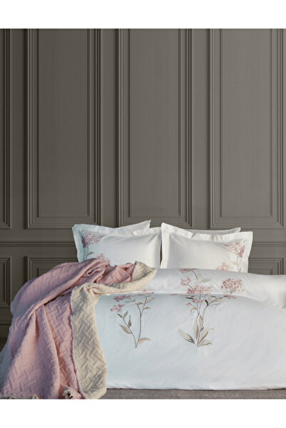 Dantela Lavinya Embroidered Cotton Satin Duvet Cover & Bedspread Set - Powder