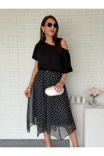Goncalya Bluzlu Polka Dot Chiffon Double Dress
