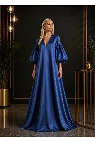 ALYEL NAKER V-Neck & Balloon Sleeve Detailed Maxi Stylish A-Line Satin Dress
