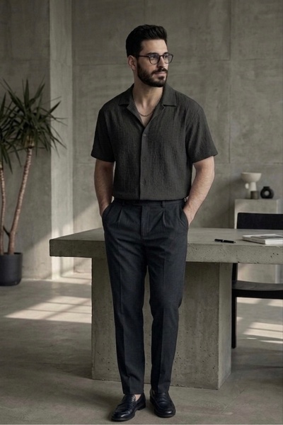 bb butik basic Kısa kol Ütü istemez gömlek bürümcük kırınkıl kumaş SİYAH